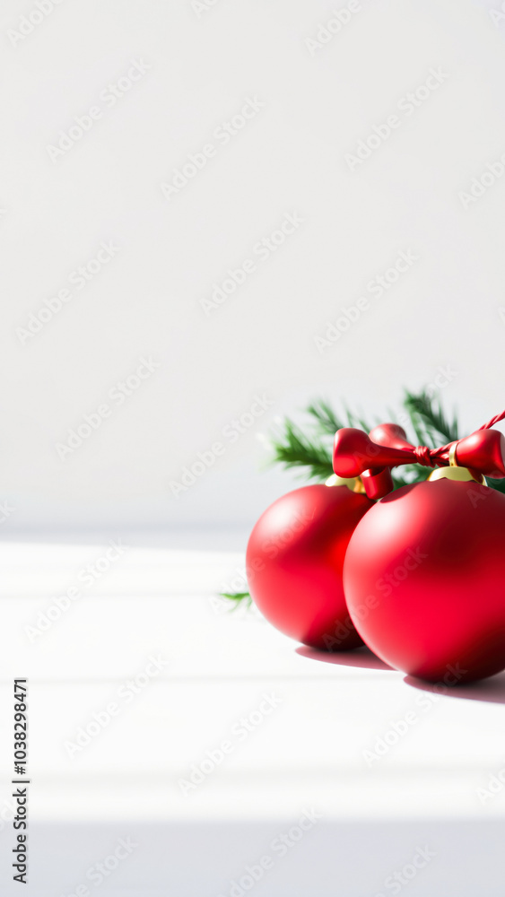 Canvas Prints two red ornaments rest on a white surface with a pine sprig