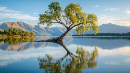 Obraz premium Serene Lake Landscape with Reflection and Mountains