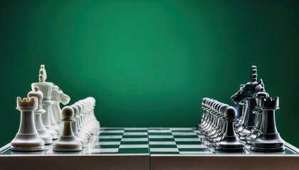 High contrast luxury chess set with gold and black metallic pieces on a reflective board with vibrant green backdrop. showcasing elegance and strategy in competitive board game hobby or decor