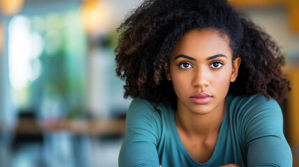 Obraz premium Thoughtful young woman with curly hair looking into the camera indoors