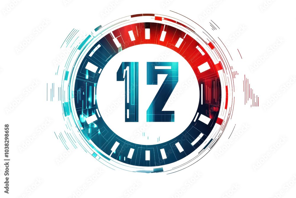 Aufkleber digital futuristic number 12 displayed in an abstract design with red and blue colors, symbolizing t