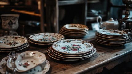 Vintage Tableware on Rustic Wooden Table