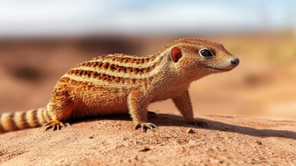 Striped mongoose on a sandy surface, showcasing its unique features.