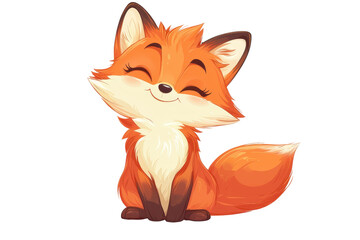 Obraz premium Cute, vibrant cartoon fox with a bushy tail, smiling joyfully. Perfect for whimsical designs and cheerful themes. Isolated on transparent background.