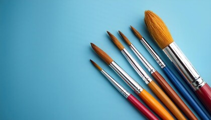 Set of Round Tip Artist Paint Brushes with Wooden Handles on Light Blue Background. Perfect for Fine Detailing, Blending, and Layering in Watercolor, Acrylic, and Oil Painting Techniques for Beginners
