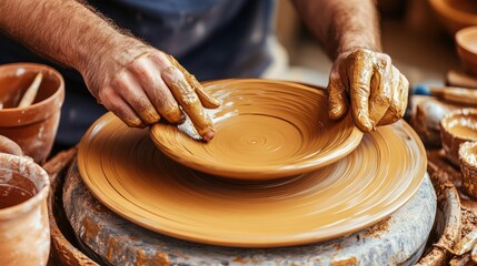 Artisan Craftsman Shaping Clay on Pottery Wheel