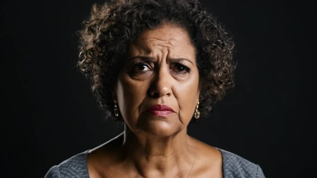 Dramatic close-up video of a middle-aged hispanic woman expressing suspicion with a static camera, dramatic side lighting, and plain black background