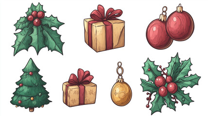 set of Cute Christmas Element Decoration Element, comic style, Christmas tree, christmas bauble, christmas present, holly, christmas bells, isolated on white. Design elements for christmas card, invit