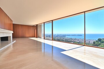 Spacious living room with large windows and ocean view