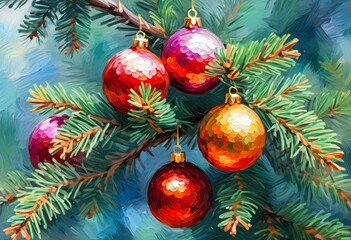 Obraz premium Sparkling ornament balls in vibrant red and gold hang from a lush spruce tree branch. Soft, warm lights twinkle enhancing festive spirit of Christmas. Happy New Year. Art drawing. Generative AI