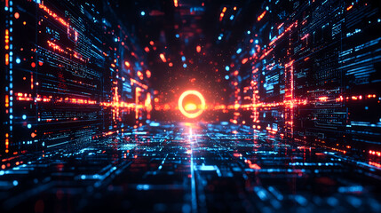 A futuristic digital landscape with glowing lines and code, creating an abstract tunnel of data.