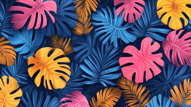Seamless pattern tropical background, illustration of exotic summer leaf and plants in vivid colorful colors, flat lay. Generative AI.