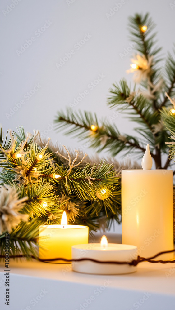 Poster lit candles with pine branch string lights
