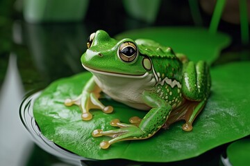 Naklejka premium A vibrant green frog resting on a lily pad, surrounded by water and foliage, showcasing its distinct features and natural habitat.