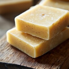 Handmade soap bars close up on wood.