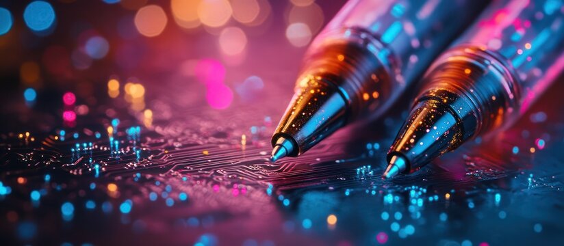 Two pens on a circuit board with a blurred background of colorful bokeh lights.