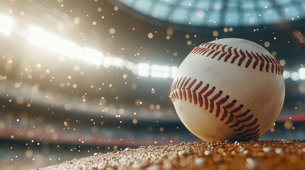 A close-up view of a baseball resting on the pitcher's mound with a blurry stadium background.