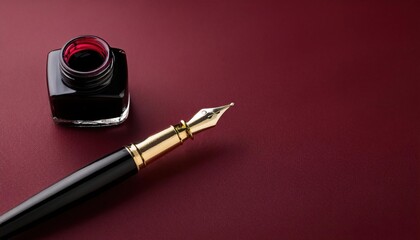 Luxurious Black Fountain Pen with Gold Nib Resting Beside Open Ink Bottle on a Rich Burgundy Background, Highlighting the Art of Fine Handwriting, Calligraphy, and Classic Stationery Craftsmanship