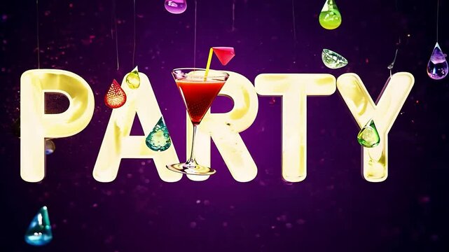 An animated lettering of the word Party with colorful glitter and many colors.