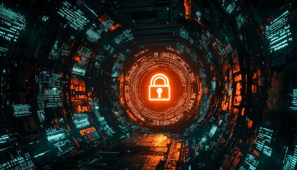 A futuristic tunnel illuminated by a glowing padlock, symbolizing security and technology amidst a backdrop of digital data.