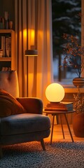 Fototapeta premium A cozy living room scene featuring a plush gray armchair beside a glowing round lamp, bathed in warm orange light, creating a serene evening atmosphere.