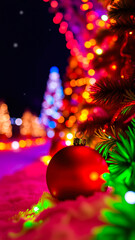 single red ornament shines brightly amongst a sea colorful christmas lights.