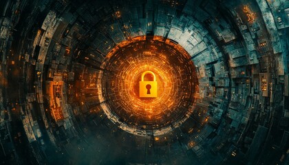 A mesmerizing digital image showcasing a glowing lock at the center, surrounded by circular patterns filled with vibrant, swirling colors and textures.