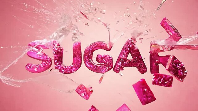 An animated lettering of the word Sugar as a background of an explosion of sweets and particles.