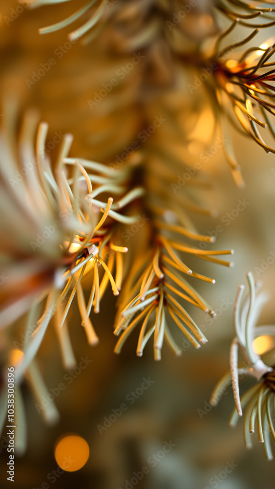 Wall mural close- a conifer branch with warm light