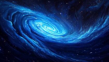 Naklejka premium A mesmerizing blue galaxy spirals through a starry night, showcasing vibrant swirls and cosmic beauty.