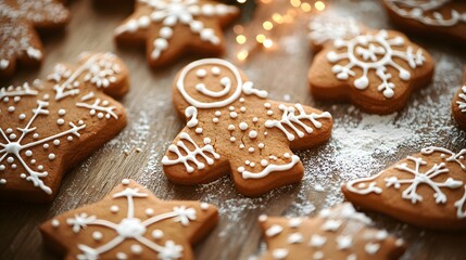 Gingerbread Cookies Decorated with White Icing and Snowflakes on a Wooden Surface