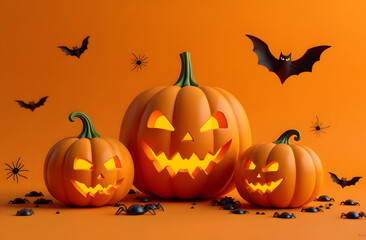 Plastic pumpkin shaped lights on orange background. Halloween souvenir.