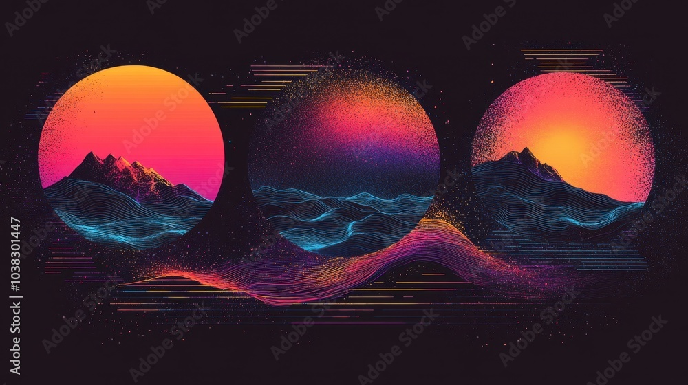 Poster retrofuturistic design in the 80s and 90s. circle shapes with glitch and liquid set. holographic vap