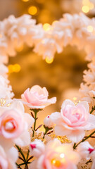 close- delicate pink roses with warm lighting