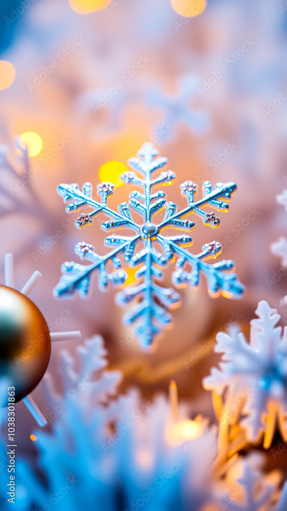 Sticker silver snowflake ornament hanging against a blurry background