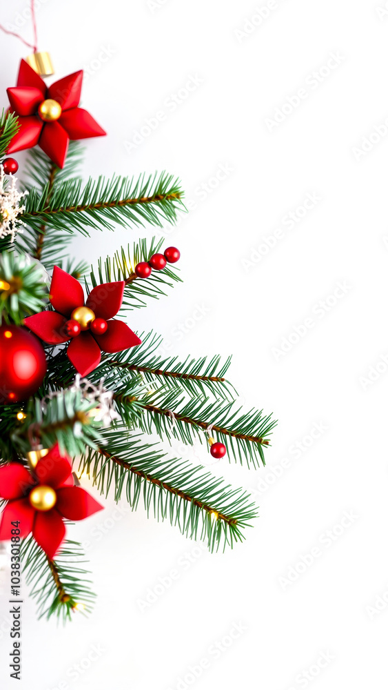 Sticker red gold ornaments adorn a pine branch