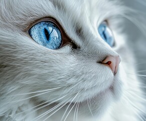 A close-up of a white cat with striking blue eyes, showcasing its delicate features and soft fur against a blurred background.