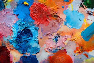 Colorful abstract texture. Smears of oil paint and a palette knife on an art palette. The concept of the modern school of art. Fragment of creative work. Colors of the year 2025