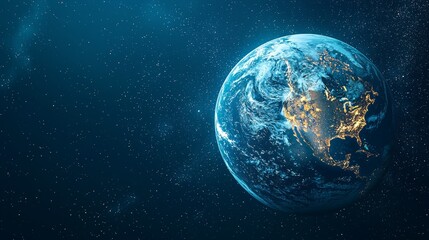 Fototapeta premium A mesmerizing view of Earth illuminated at night, surrounded by stars, showcasing a vibrant and dynamic planet in the vastness of space.