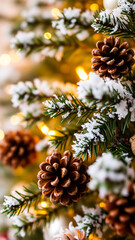 brown pine cone resting on a snowy pine branch adorned with golden lights