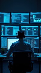 A focused professional works in a tech environment, surrounded by multiple screens, analyzing data, ideal for articles on cybersecurity, data analysis, or tech innovations.
