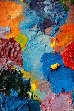 Colorful abstract texture. Smears of oil paint and a palette knife on an art palette. The concept of the modern school of art. Fragment of creative work. Colors of the year 2025