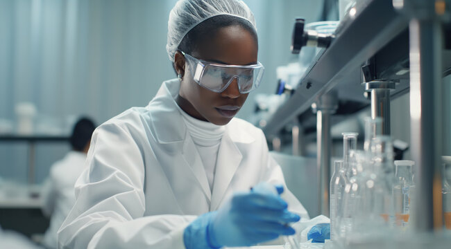 Medical bio laboratory, Research, Science test technology. Pharmaceutical lab specialist examines medicine vials, hospital patient samples. Medical student conducts research. Realistic style photo