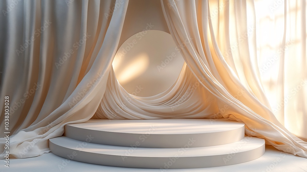 Poster modern 3d podium with a flowing fabric curtain and spotlight set against a tranquil white background