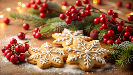 Frosted Holiday Cookies with Red Berry Decorations and Blank Space. Perfect for: Christmas, Holiday parties, Family gatherings