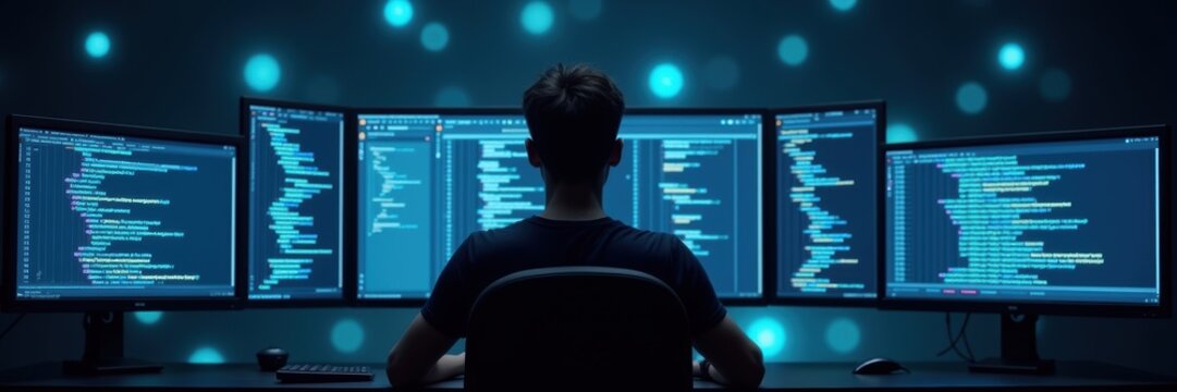 A programmer works intensely at a multi-monitor setup, immersed in coding and data analysis, embodying modern tech innovation and productivity.