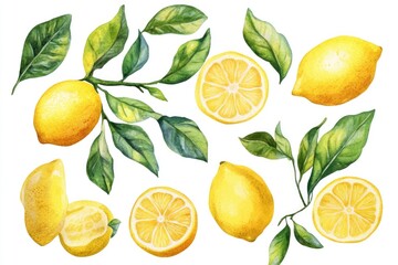 Vibrant Citrus Delight: Watercolor Lemon Illustrations in Fresh Compositions