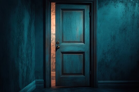 Mysterious door ajar in dark room with eerie glow