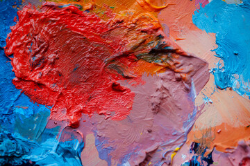 Colorful abstract texture. Smears of oil paint and a palette knife on an art palette. The concept of the modern school of art. Fragment of creative work. Colors of the year 2025