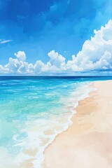 Fototapeta premium Vivid Tropical Shoreline and Turquoise Ocean. Hand-Painted Watercolor Seascape for Summer Beach Vacation